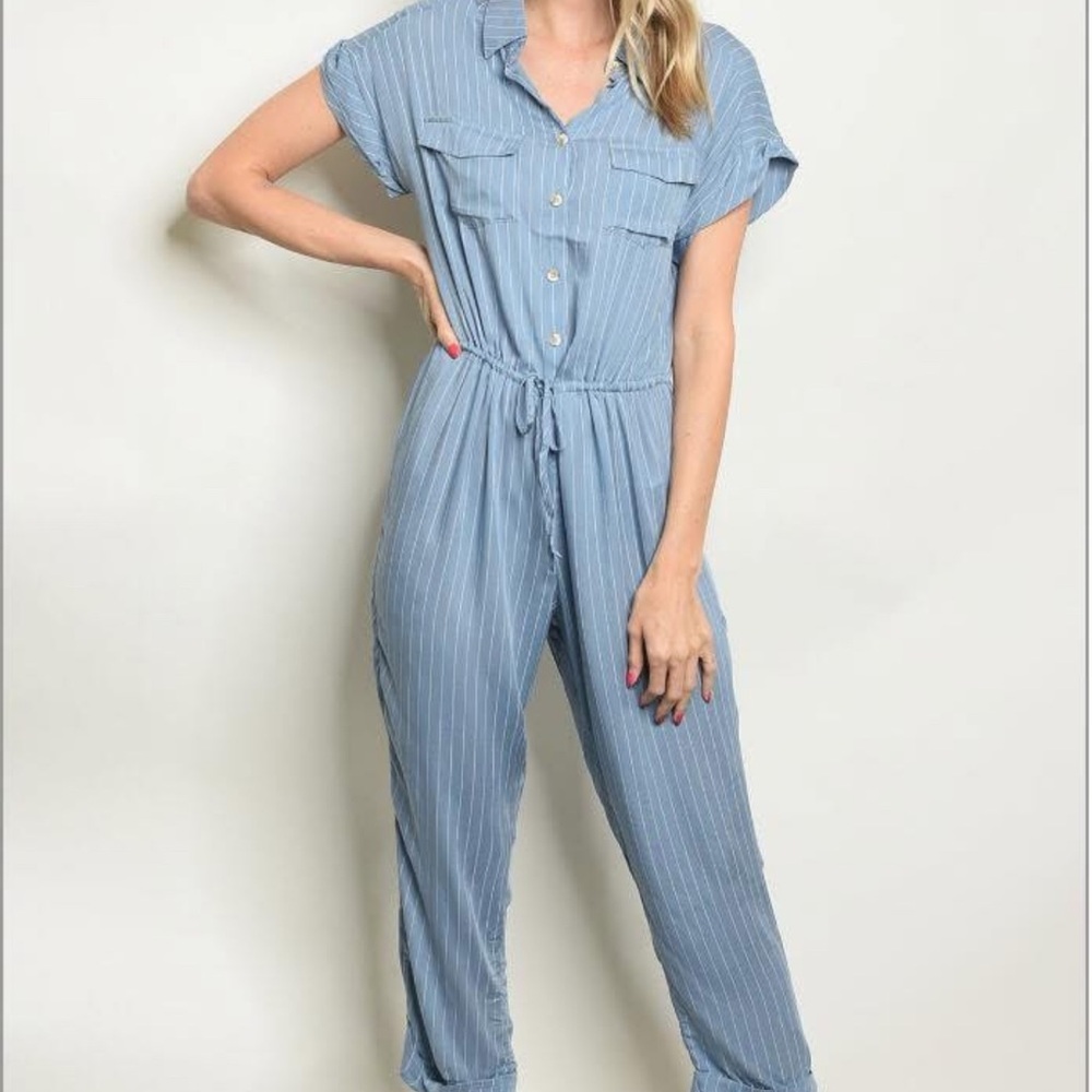 Mustard Seed Light Blue Striped Jumpsuit